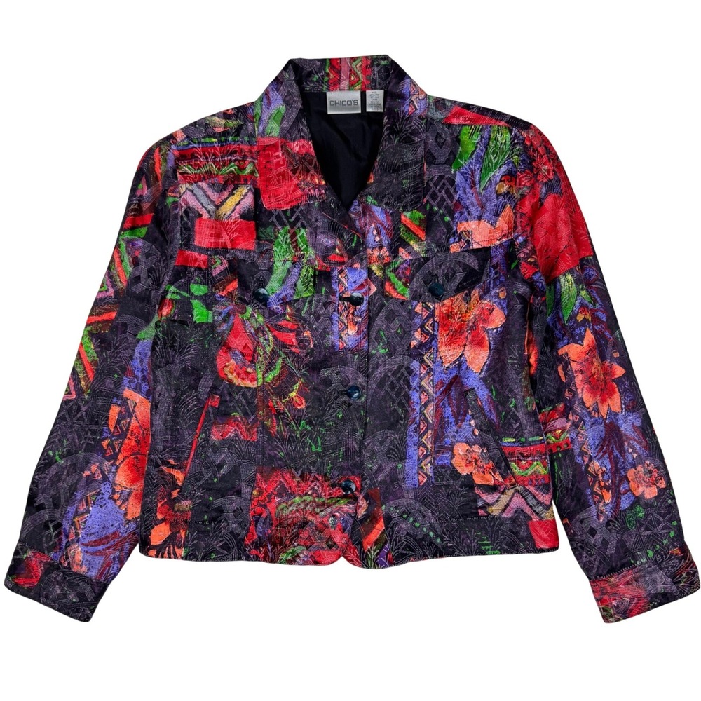 Chico's Jacket Womens 0 Abstract Floral Linen Silk Blend Boxy Tapestry Eclectic